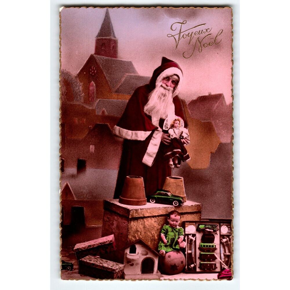 Santa Claus Hold Doll Christmas Postcard Old World France Gel Church Toys Noel